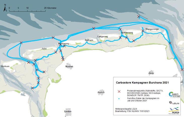 Karte mit aufgezeichneten FerryBox-Daten und Probenahmepunkte während der Messkampgnen im Juli und Oktober 2021